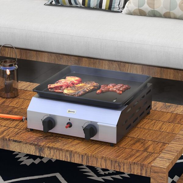 Outsunny Plancha gaz en acier inox émaillé plaque de cuisson 2 brûleurs 4,8 kW antiadhésive grande surface de cuisson 40L x 34l cm, transportable