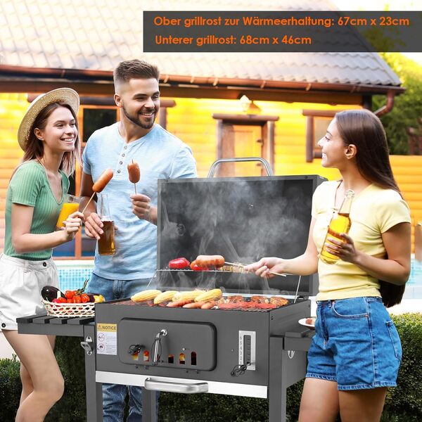 Barbecue Charbon de Bois Grande Taille XXXL, Barbecues à Charbon avec Couvercle, 2PCS Roues, Thermomètre et Cheminée, Grand Barbecue Bois Exterieur pour Camping et Jardin, Gris