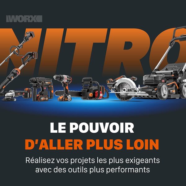 WORX Tondeuse à Gazon tractée Brushless sans Fil 40V WG749E, jusqu'à 500m² sur Une Charge, diam. 46cm, Coupe jusqu'aux Bordures, Sac de 55 L, Mulching, livée avec 2 Batteries 4Ah et Chargeur