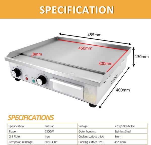 MOOTACO Plancha électrique commerciale en acier inoxydable, 45cm, avec contrôle de température réglable,minuterie,barbecue