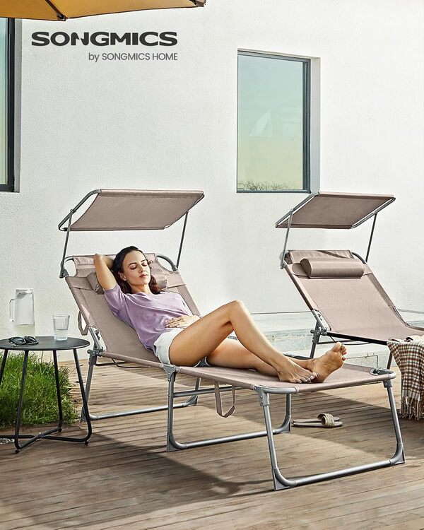 SONGMICS Bain de Soleil Grand, Chaise Longue Pliable, Transat, 200 x 71 x 38 cm, Capacité de Charge 150 kg, avec Pare-Soleil et Dossier Inclinable, pour Jardin, Piscine, Terrasse, Taupe GCB022K01