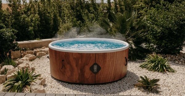 COCO SPA Tahiti Spa Gonflable | 180 cm de diamètre | 1100 litres | Moteur 2240 W | Jusqu'à 6 Personnes | Massage 140 Jets | Imitation Bois Naturel