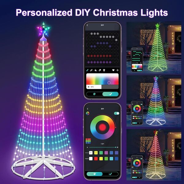 Hoofun Arbre cône de Noël intelligent à LED : synchronisation de musique RVB, télécommande et application Bluetooth, alimentation USB, décoration d'extérieur à intensité variable pour jardin, fête de [Classe énergétique A]