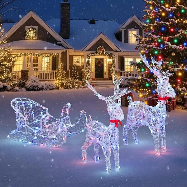 YITAHOME Lot de 3 Rennes LED - Décoration de Noël Lumineuse avec 2 Cerfs et traîneau - 150 LED RVB et télécommande Radio - Cerf de Noël avec Bois et Manche Amovibles
