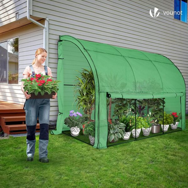 VOUNOT® Serre de Jardin en Toutes Saisons Abri d'hivernage Murale Adossée pour Légumes Plantes Fleurs Serre Adossée avec Bâche PE 135g/m2 pour Balcon Terrasse Jardin 300x100x180cm Vert