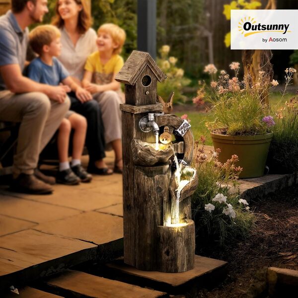Outsunny Fontaine à eau 2 en 1 avec maison pour oiseaux Fontaine de jardin avec éclairage LED Fontaine décorative en cascade à 4 niveaux pour jardin, patio, terrasse 34,5 x 29,5 x 92 cm Multicolore