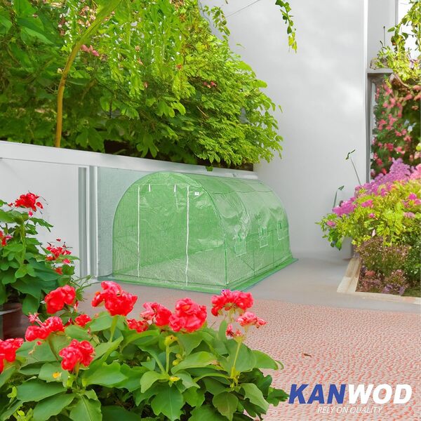 KANWOD Serre de Jardin Tunnel avec Base en Acier 3x2x2 m, 6 m², Serre Tomate avec Porte et 6 Fenêtres - Serre à Tomates résistante à l'hiver, Tunnel UV4, Film Transparent 140 g/m²