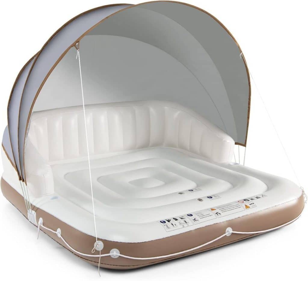Test du matelas gonflable lounge KOMFOTTEU avec auvent et flotteur à 2 places