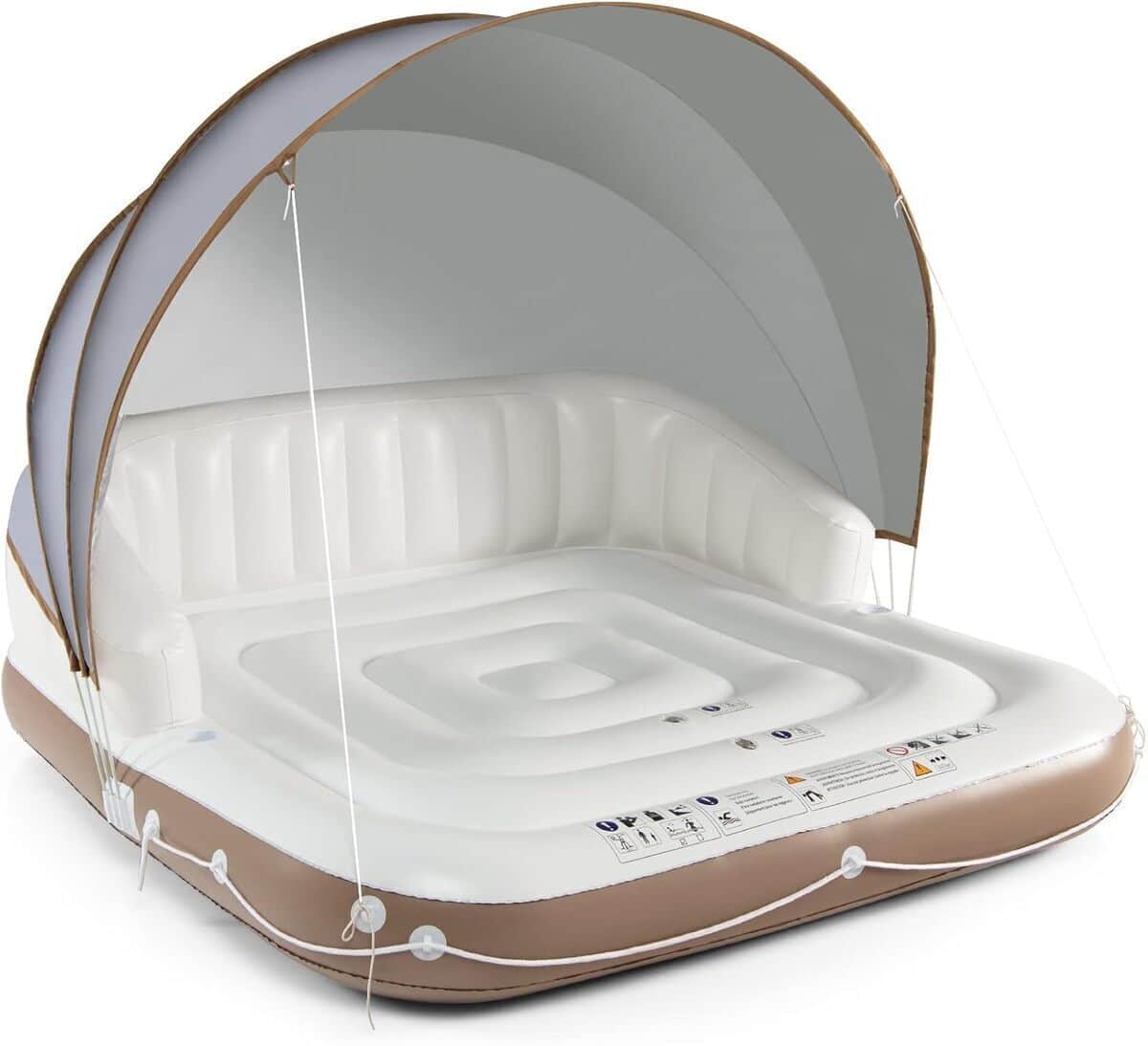 Test du matelas gonflable lounge KOMFOTTEU avec auvent et flotteur à 2 places